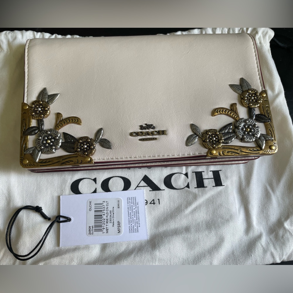 Coach Callie Metal Tea Rose Foldover Clutch Crossbody